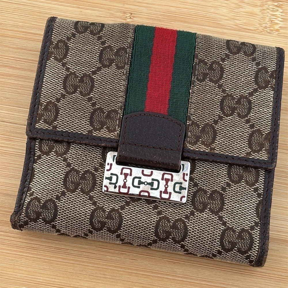 Gucci Vintage Sherry Bifold Wallet Brown Leather GG Logo Canvas Italy Unisex